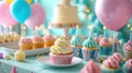 A table adorned with cupcakes, candles, and colorful decorations for a sweet birthday celebration