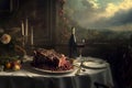 A table adorned with a delicious cake placed beside a bottle of wine, A surrealistic interpretation of a steak dinner in a fine Royalty Free Stock Photo