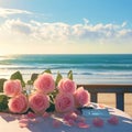 Table adorned with pink roses against scenic beach, evoking romance