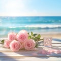 Table adorned with pink roses against scenic beach, evoking romance