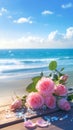 Table adorned with pink roses against scenic beach, evoking romance