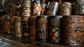 A table adorned with rows of handtooled leather cuffs featuring intricate designs and patterns inspired by Native