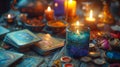 The table is adorned with tarot cards, glowing candles, herbs, and crystals during a serene evening divination session Royalty Free Stock Photo