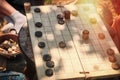 Table ancient Roman game similar to checkers - latrunculorum, latrunculi, or latro. Reconstruction of a plank of wood to play