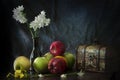 The Table With Apples, Flowers Of Narcissus And Wooden Box, Life Style Royalty Free Stock Photo