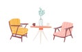 Table and armchairs hand drawn vector illustration. Living room furnishing, home retro interior items. Soft vintage