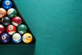 Billiard balls in triangle rack on table Royalty Free Stock Photo