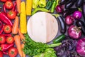 A table arrangement of a variety of fresh fruits and vegetables sorted by colors Royalty Free Stock Photo