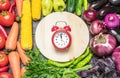 A table arrangement of a variety of fresh fruits and vegetables sorted by colors Royalty Free Stock Photo