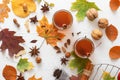 Table with autumn decoration, top view, white background Royalty Free Stock Photo