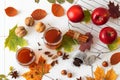 Table with autumn decoration, white background Royalty Free Stock Photo