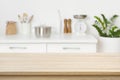 Table background of free space on blurred kitchen counter interior