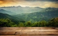 table background of free space for your decoration and blurred landscape of mountains.Blue sky with sun light and green Royalty Free Stock Photo