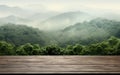 table background of free space for your decoration and blurred landscape of mountains.Blue sky with sun light and green Royalty Free Stock Photo