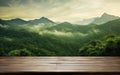 table background of free space for your decoration and blurred landscape of mountains.Blue sky with sun light and green Royalty Free Stock Photo