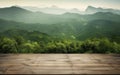 table background of free space for your decoration and blurred landscape of mountains.Blue sky with sun light and green Royalty Free Stock Photo