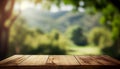 table background of free space for your decoration and blurred landscape of mountains.Blue sky with sun light and green small Royalty Free Stock Photo