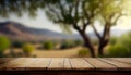 table background of free space for your decoration and blurred landscape of mountains.Blue sky with sun light and green small Royalty Free Stock Photo