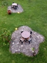 1 table and 4 banquet chairs in the middle of the island among the green grass. Photo angle taken from above. Royalty Free Stock Photo