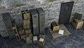 Table in a basement with box and top secret files. Secret place, hidden archive. Lockers, table and boxes Royalty Free Stock Photo