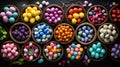 A table with baskets of colorful eggs and a bowl full, AI