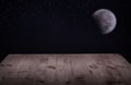 Table of boards background of the night with the moon and stars Royalty Free Stock Photo