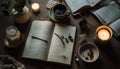 Table with book, paper, candle, and drink for relaxation and learning generated by AI