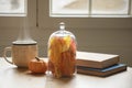 Table with books, cup of coffee or tea with autumn deco arrangement, colourful leaves and mini pumpkin. Reading books at home, Royalty Free Stock Photo