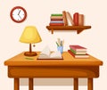 Table with books and lamp on it, shelf and clock. Vector interior. Royalty Free Stock Photo