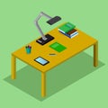Table with books, lamp, the tablet. Student workplace. 3D isometric vector concept illustration in flat style.