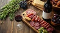 A table with a bottle of wine, a glass of wine, and a platter of meat and cheese Royalty Free Stock Photo