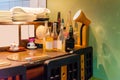 A table with bottles in a cafe in Kyoto, Japan. Close-up. Royalty Free Stock Photo