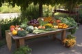 table with bountiful harvest, including fruits, vegetables and herbs