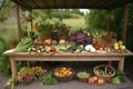 table with bountiful harvest, including fruits, vegetables and herbs