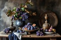 Table With Bowl of Fruit and Vase of Grapes, A warm still life of a rustic table setting, with ripe figs as the central element,