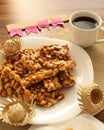 Table of brazilian festa junina with brazilian dessert pÃÂ© de moleque and coffee cup