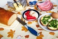 Table with bread, ham, vegetable, butter and egg Royalty Free Stock Photo