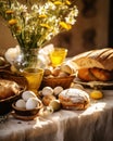 a table with bread and two baskets filled with eggs and flowers Royalty Free Stock Photo