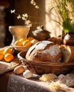 a table with bread and two baskets filled with eggs and flowers Royalty Free Stock Photo