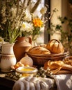 a table with bread and two baskets filled with eggs and flowers Royalty Free Stock Photo