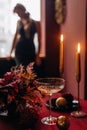 Table burgundy style romantic dinner christmas celebration Royalty Free Stock Photo