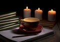 table with burning candles notebook pencil books, yellow mug with steam smoke