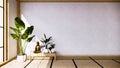 Table Cabinet wooden design on living room zen style empty wall background.3D rendering