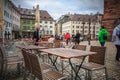 Table of a cafe of the paved square of the cathedral