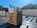 A table in a cafe or restaurant with napkins, forks, knives