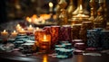 Table with candle, flame, gambling chip, and drink men relax generated by AI