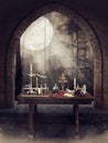 Table with alchemist`s tools by a gothic window