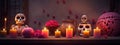 A table with candles and flowers with a skull and roses