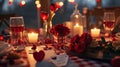 A table with candles, flowers and wine glasses on it, AI Royalty Free Stock Photo