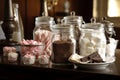 Table with candy dessert jars and hot cocoa powder. Generate ai